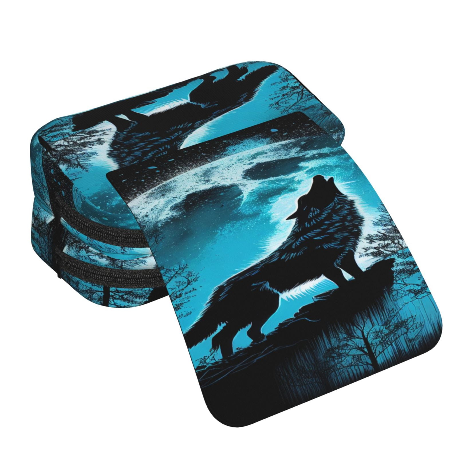 Rateoe Blue Full Moon Wolf Pattern Double Clamshell Pen Case, Storage Organizer with Two Zipper Compartments– Holds Up to 50 Pencils & Pens