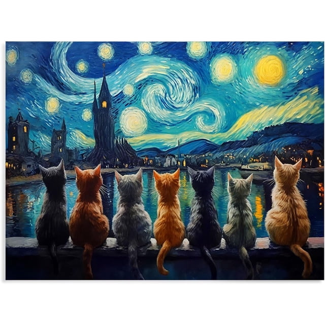 Cuadro decorativo lienzo siete gatos mirando La Noche Estrellada Van Gogh, fusión arte clásico y mascotas, pintura divertida para sala, dormitorio y tienda de mascotas