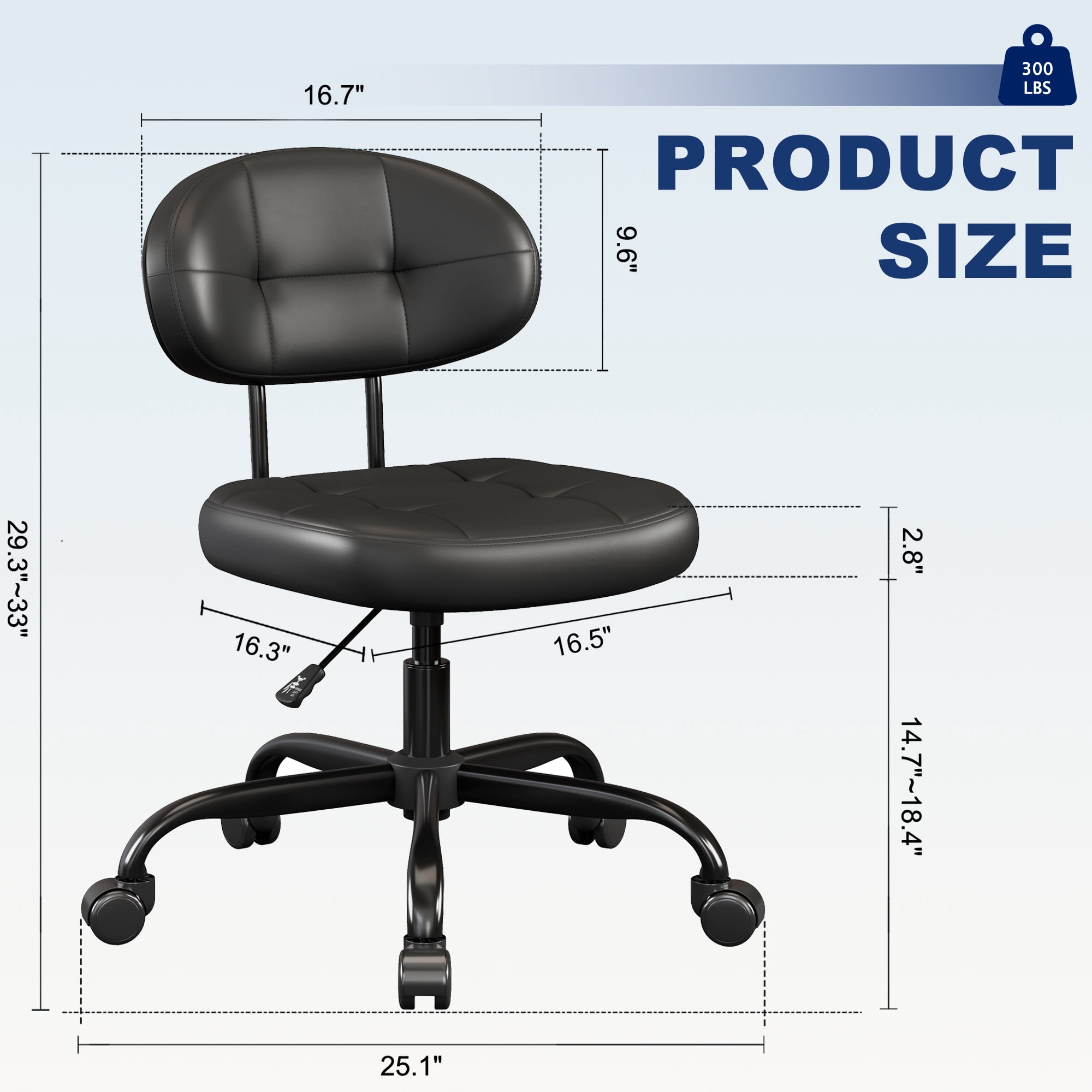 Misolant Vanity Chair with back, Small Armless Cute office Chair with wheels and Lumbar support, Comfy PU Leather Desk Computer Chairs with Adjustable Height, 360°Swivel for Home Bedroom Office