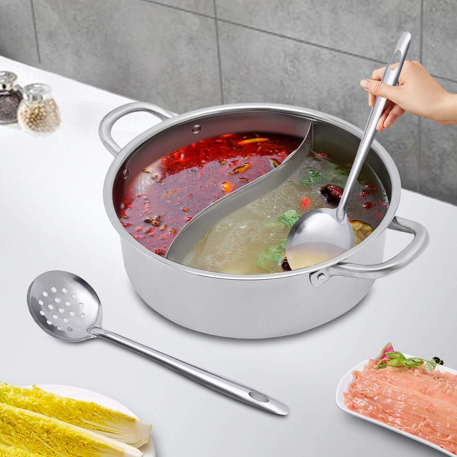 304 Stainless Steel Shabu Dual Sided Divider Cooking Soup Hot Pot 32cm Cookware with Lid