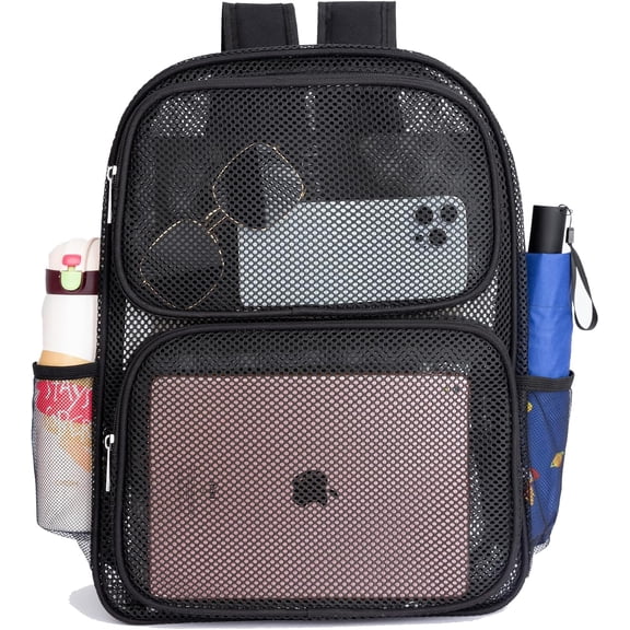 Heavy Duty Mesh Backpack, Semi-transparent Bookbag with Comfort Padded Straps for Commuting, Beach, Outdoor Sports(Black)