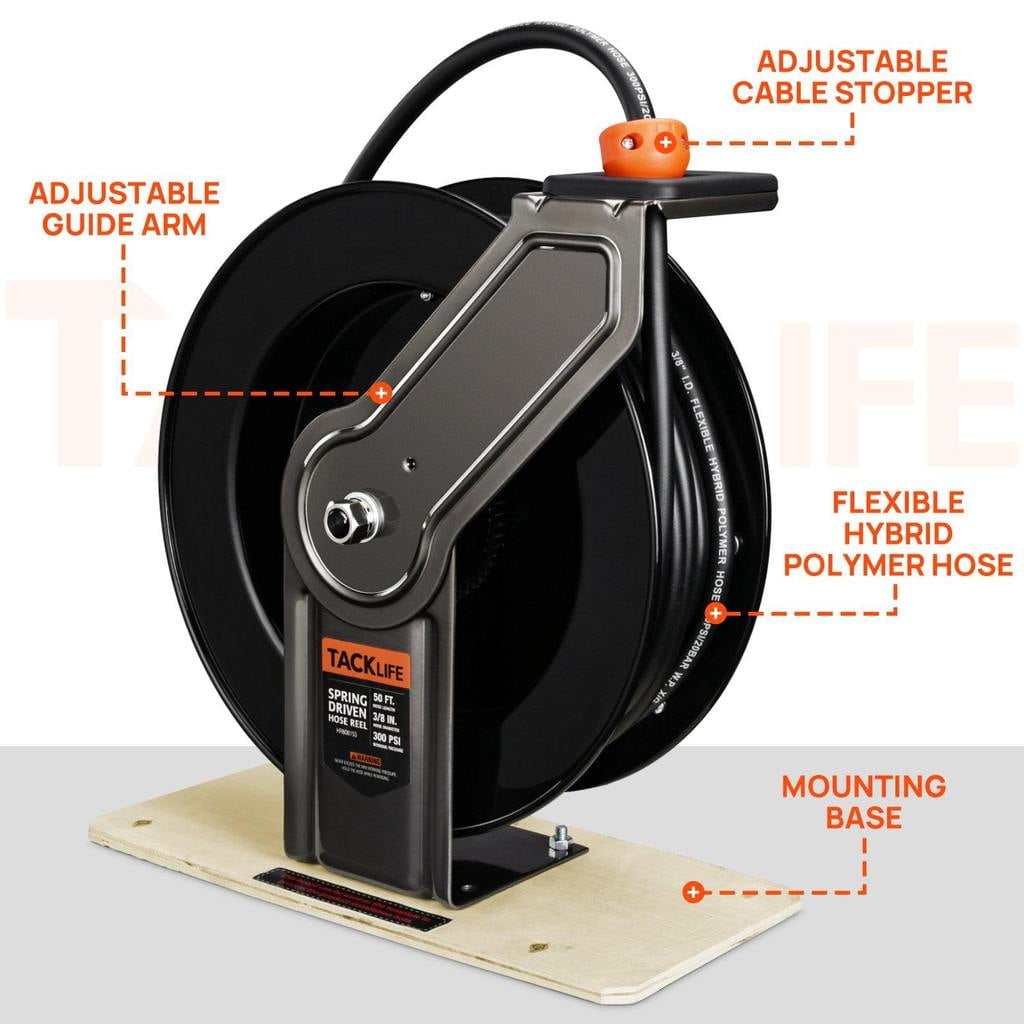 Tacklife Air Hose Reel, 3/8 Inch×50 Ft Auto Retractable Hose Reel with  Mounting Base-QG01A