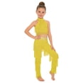 thumbnail image 1 of YiZYiF Enfants Filles Salsa Samba Rumba Tango Latin Tenues de Danse Haut Court à Franges avec Pantalon Ensemble Tenue de Danse de Salon Jaune 12, 1 of 7