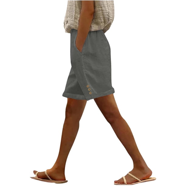 Pantalones de Algodón para las Mujeres Lino de Color Sólido de Verano de Ajuste Suelto, Bolsillos de Hendidura Lateral de Pierna Recta