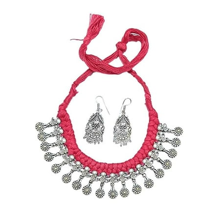 athizay garba navaratri diwali rakhi rakshabandhan jewelry set necklace oxidised Silver Intertwined Cotton PINK Thread chokers Flower Beads