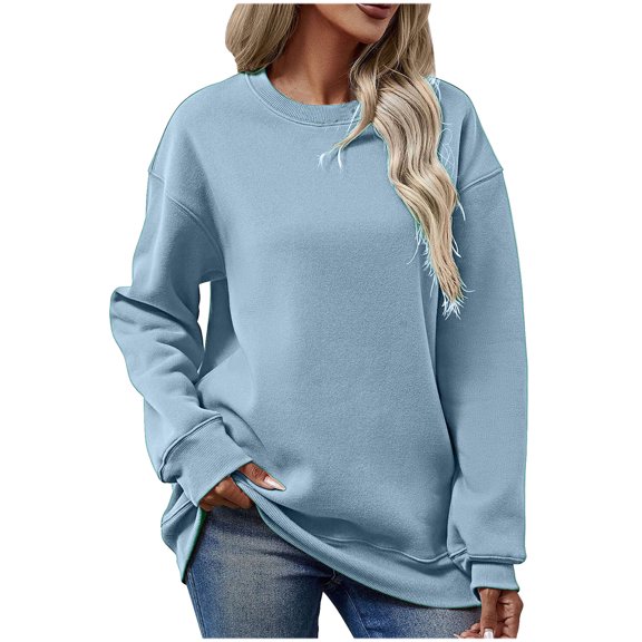 WREESH Womens Fashion Sweatshirt Casual Crewneck Sweatshirt Solid Color Pullover Loose Fit Long Sleeve Tops Fall And Winter New Loose Tops Sweatshirts Light Blue