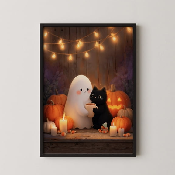 YaHaku Cozy Halloween Ghost and Cat Poster: Whimsical Fall Decor
