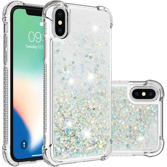 Compatible with iPhone X Case, iPhone Xs Case Glitter Luxury Cute Love Liquid Quicksand Clear Soft TPU Girls Women Stylish Bumper Shockproof Protective Case for iPhone X/Xs Sliver YB