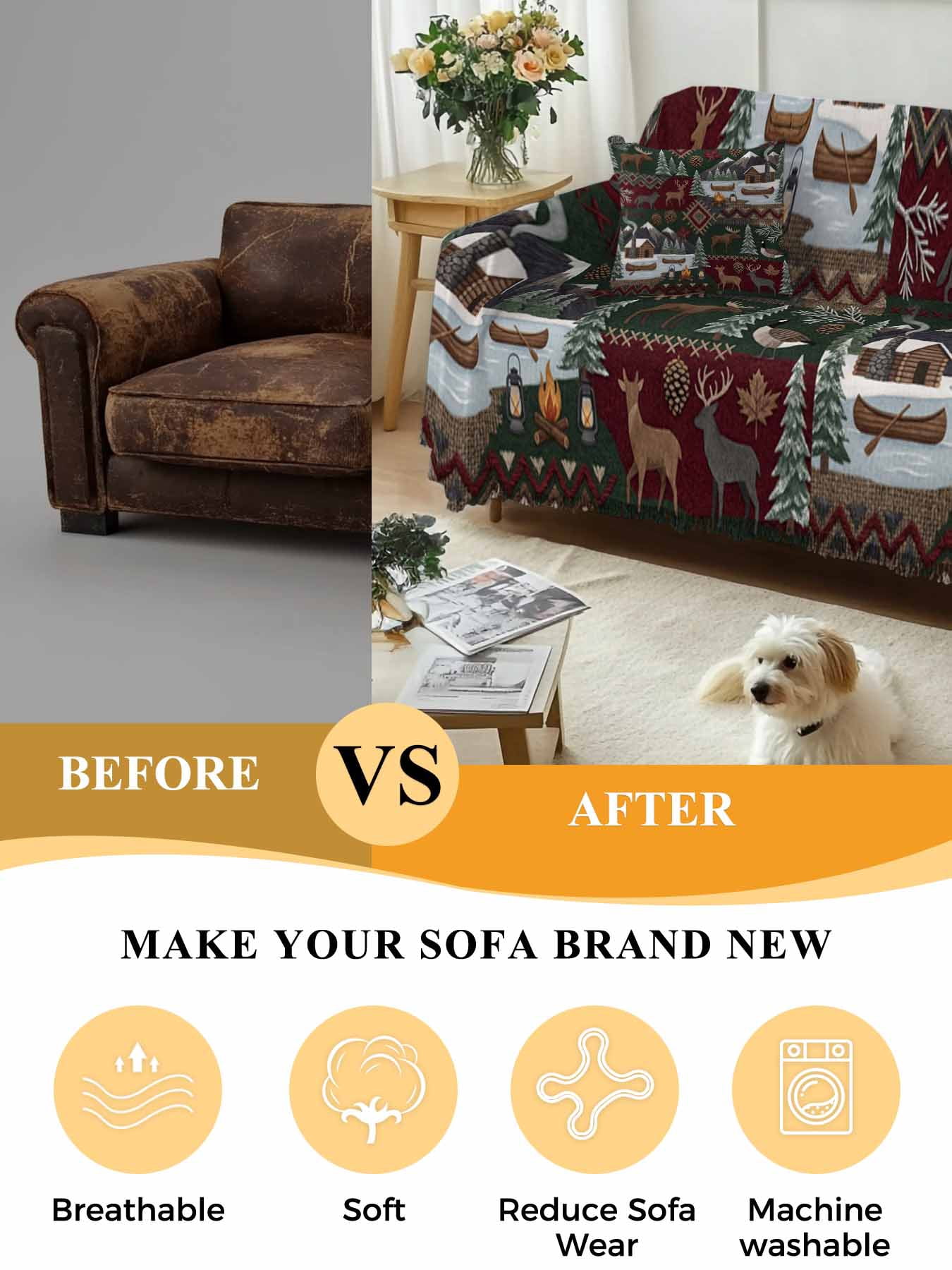 Western Boho Couch Cover, Farmhouse Country Rustic Chic Wild Nature Cabin Deer Oversized Sofa Cover Blanket for 3 Cushion Couch, Sectional Sofa Slipcover Protector for Living Room Bedroom 71''x150''