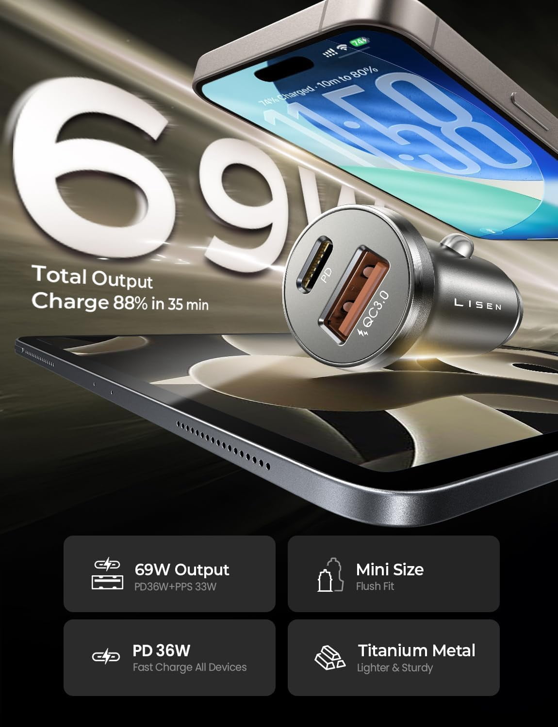 Car Charger USB C, 69W Cigarette Lighter USB Charger Adapter, Car Accessories Gifts for Men, Mini USBC Cars Fast Charging Adapter USBC Type C 12V Plug Outlet, for iPhone 17 Pro Max 16 15 14 13