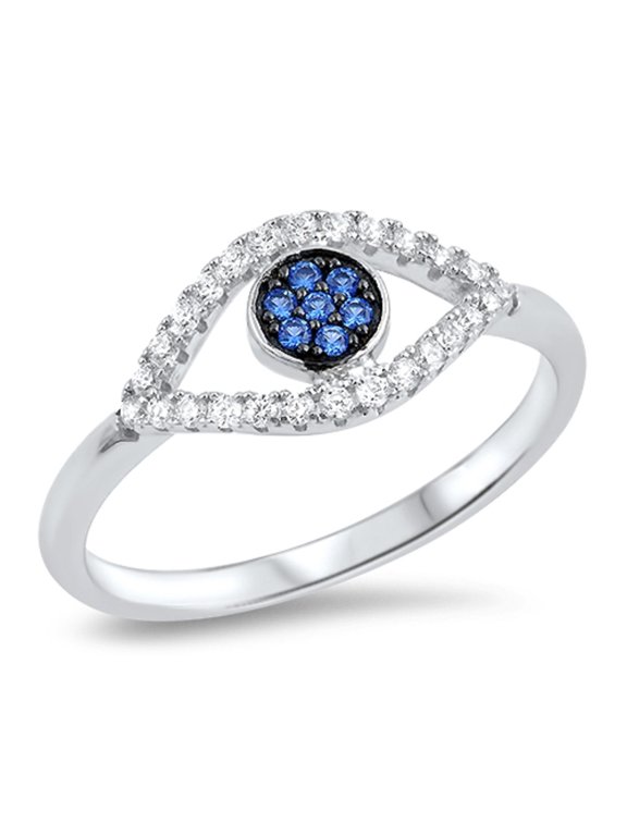 Blue Sapphire And Clear Cubic Zirconia Eye Ring Sterling Silver