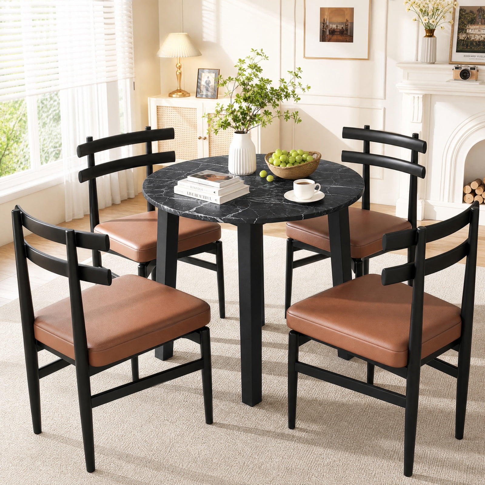 Furnibear 35 Inch Round Dining Table for 4 with Rubber Wood Legs and Marble Textured Veneer Top for Kitchen and Dining Room, Black