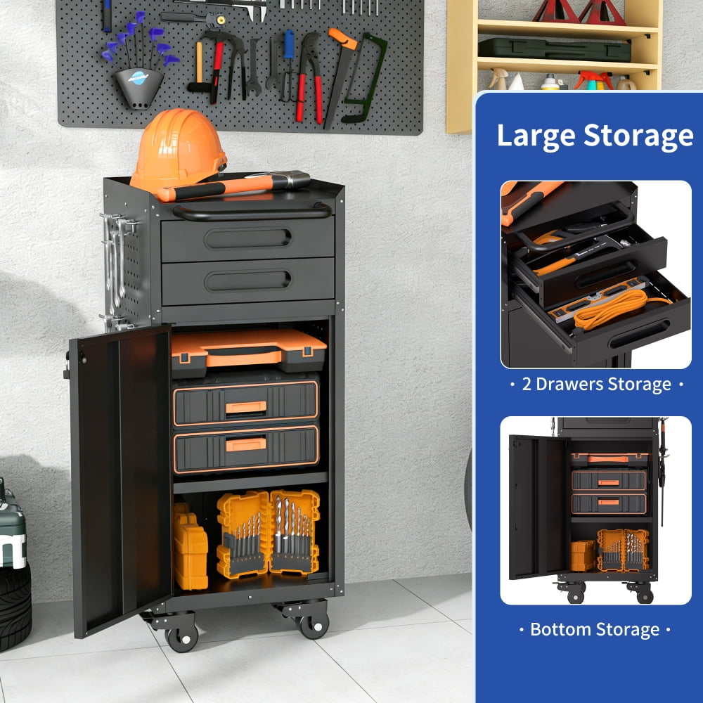 34.3" Narrow Rolling Tool Cabinet - Space-Saving Garage Storage with Lockable Door, 2 Drawers and Large Handle, Slim Metal Organizer for Tight Spaces