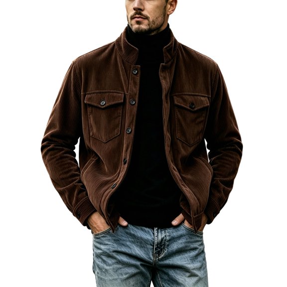 EANJE Mens Jacket Corduroy Stand Collar Long Sleeve Button Front Regular Fit Casual Coat Soft Ribbed Fall Winter Daily Outerwear with Pockets Brown M