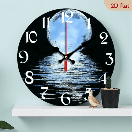 2D Flat, 1pc 10Inch Rustic Farmhouse Moon Lake Wooden Wall Clock - Silent Quartz Movement, AA Battery Operated, 2D Flat Design with Serene Night Sky Water Reflection, Perfect for Kitchen, Bedroom,