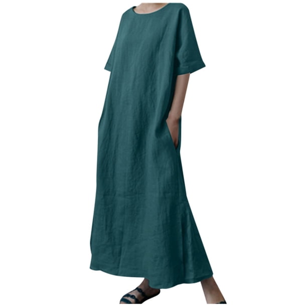 Vestido largo de lino para mujer talla grande - Cintura con cordón, abertura, manga corta, informal