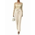 thumbnail image 3 of Women'S Lace Patchwork Round Neck Long Sleeve Formal Jumpsuit Solid Color Casual One-Piece Pants Apricot S, 3 of 9