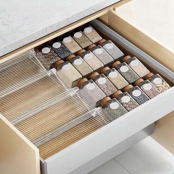 Godance Spice Drawer Organizer 4 Tier, 8 Pack Clear Acrylic Seasoning Organizer Rack, Expandable From 11" to 22" Wide, Kitchen Spice Rack Organizers for Drawer, Countertop (Jars Not Included)