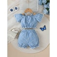 thumbnail image 4 of Mikrdoo Baby Girls Plaid Pattern 2Pcs Off Shoulder Strpas Front Bow Tops and Matching Shorts Summer Cute Clothes Blue 12-18 Months, 4 of 9