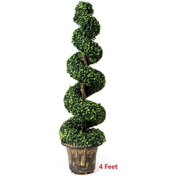THJTDH Artificial Boxwood Spiral Tree, 4-Ft Fake Greenery Plants with Plastic Flower Pot, Topiary Trees Artificial Outdoor for Home Office Decoration, Outdoor Walkway, Entryway