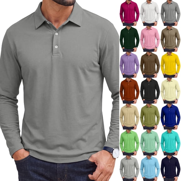 Mens Solid Color Long Sleeve Polo Shirt Two Button Placket Turn Down Collar Daily Casual Basic Top