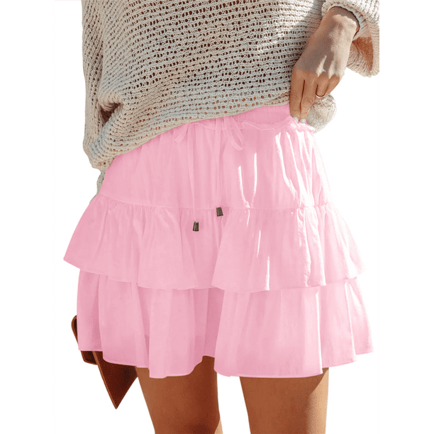 Falda Pantalón con Volantes y para Mujer, Estilo Casual, de Cintura Alta, Color Rosa, Talla L