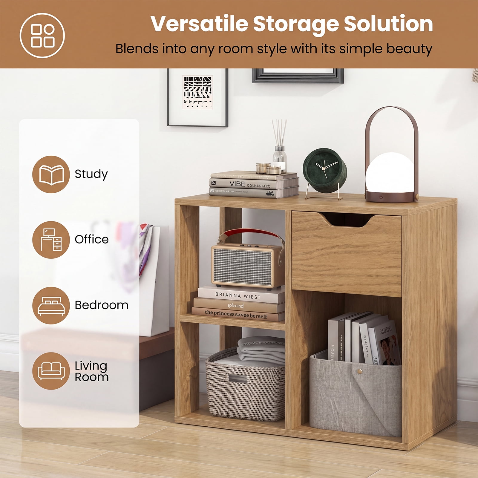 Goplus 2 PCS Bookshelf with Drawer, Freestanding Storage & Display Shelf for Living Room Natural