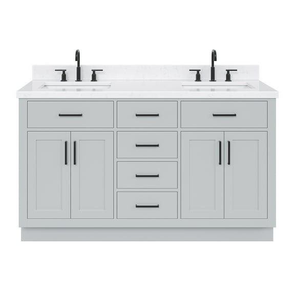 ARIEL Hepburn 60" Grey Double Vanity, 1.5" Edge Carrara Quartz Countertop & Splash, Rectangular Sinks, 4 Soft Closing Doors, 6 Full Extension Dovetail Drawers, Toe Kick, Matte Black