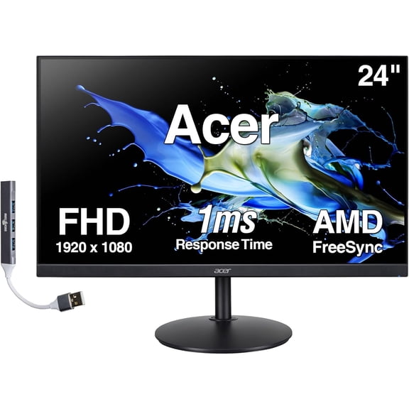 Acer 24" FHD IPS Monitor with 1ms Response Time, AMD FreeSync, Anti-Glare, Built-in Speakers, 250 nits Brightness, VESA Mount (100mm), HDMI, VGA & Dockztorm USB Port Expander, Black Color
