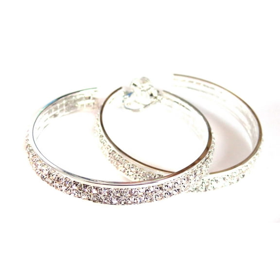Clip-on Hoop Earrings Silver Tone Double Rhinestone Crystal 2 inch Hoops