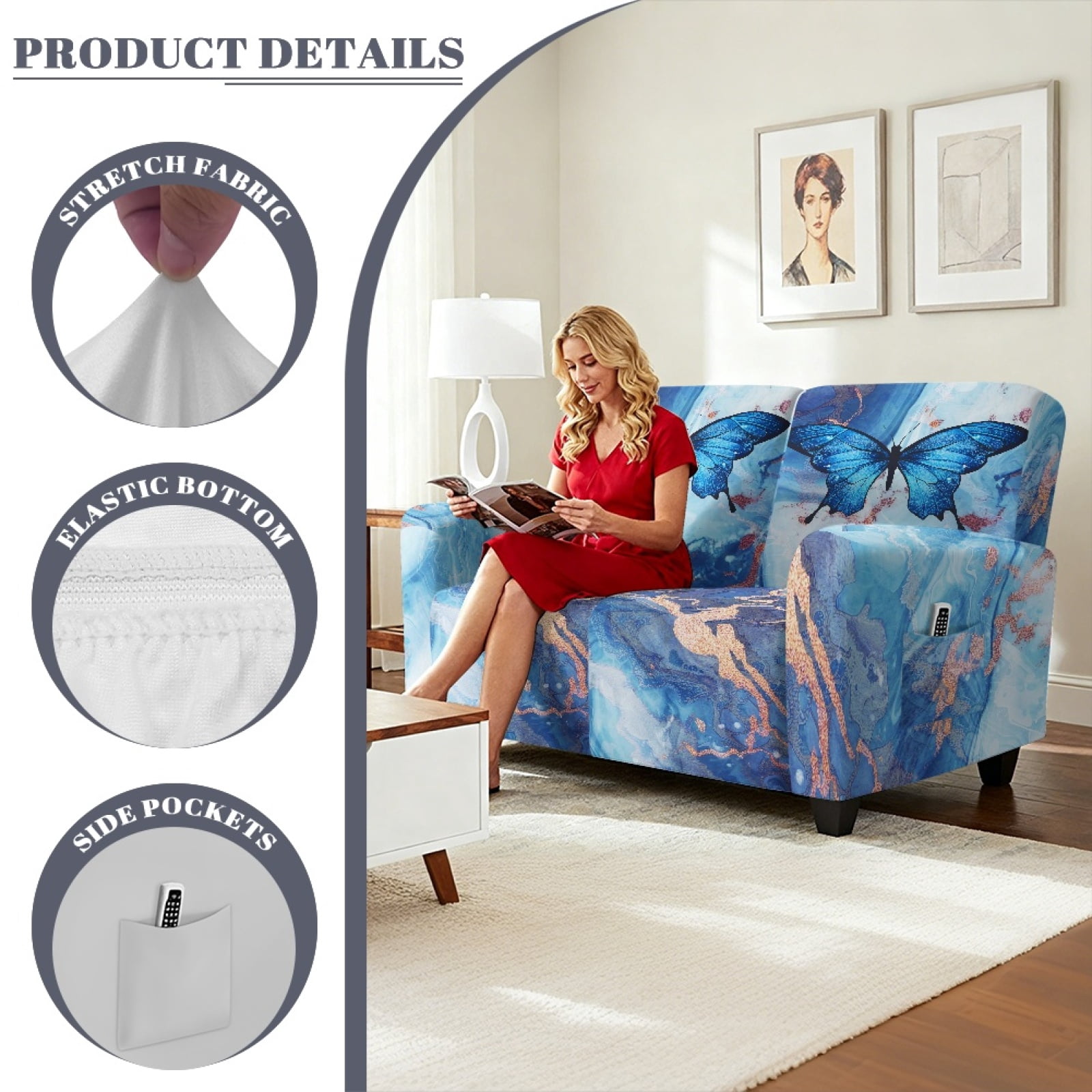 Xoenoiee Blue Butterfly Marble Print Recliner Loveseat Covers, 2 Seater Recliner Couch Covers for 2 Cushion Couch 6 Pieces Stretch Dual Reclining Loveseat Couch Covers