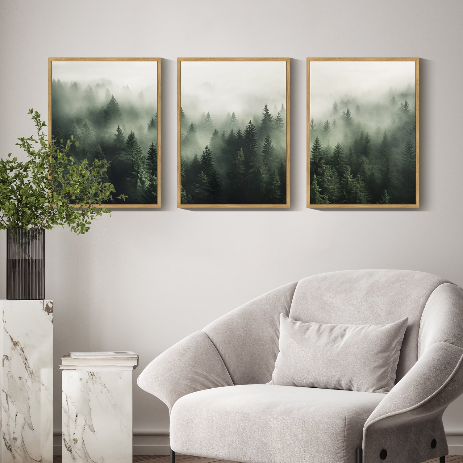 SHENIFY Canvas Print Wall Art Prints Framed Wood Fog & Mist Over Green Pine Tree Forest Nature Wilderness Modern Artwork For Living Room Bedroom - 12x16in3pcs Neutral Framed