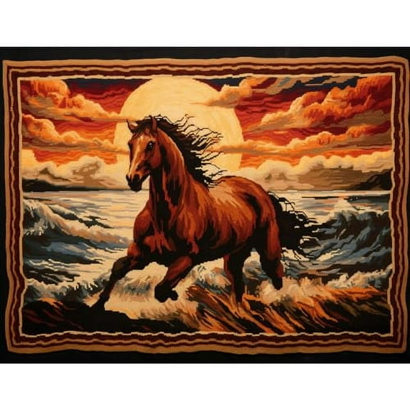 Sunset and Horse Latch Hook Rectangle Rug Kits for Adults Needle Crochet Yarn Kits Embroidery Carpet Hook and Latch Kit Floor Mat Tapestry Christmas Home Decoration 40x60cm(1)