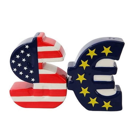 US VERSUS EURO DOLLAR CURRENCY CERAMIC MAGNETIC SALT PEPPER SHAKERS