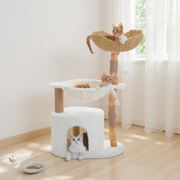 Pefilos 38" Modern Cat Tree Tower with Spacious Wicker Basket, Natural Solid Wood Scratching Posts, Hammock, Cat Condo for Indoor Cat, White
