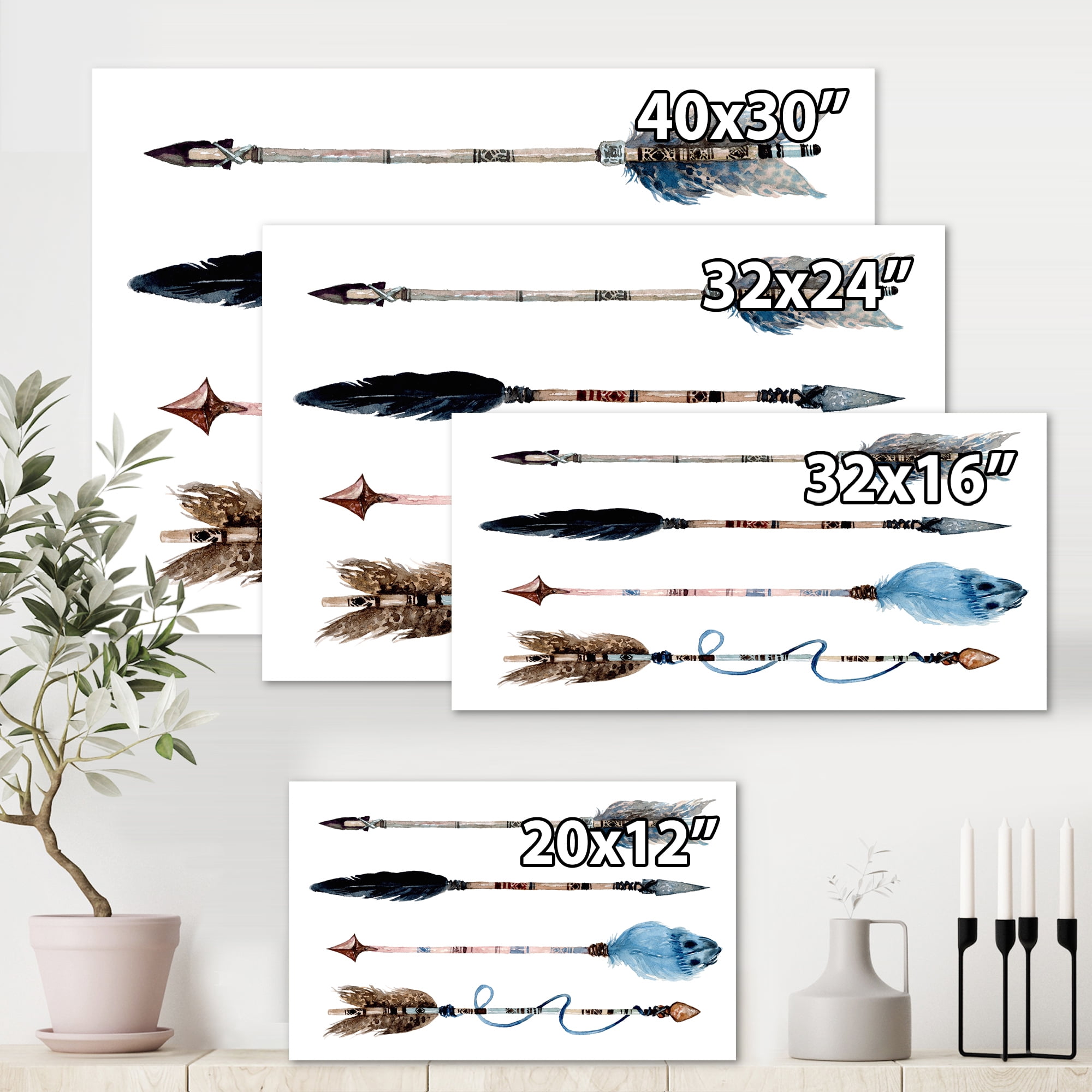 Flowers and Ethnic Feathers On Native Arrows IV 40 in x 30 in Painting Canvas Art Print, by Designart