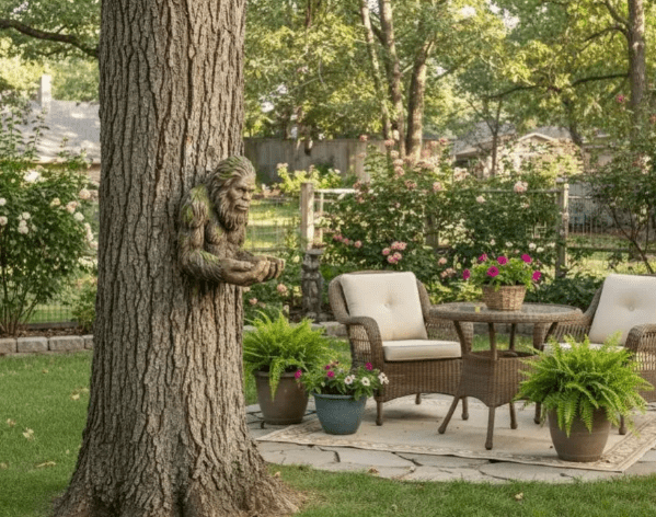 Sasquatch Bird Feeder Statue, Whimsical Outdoor Garden Decor Sculpture with Hidden Keyhole Hanger for Tree or Fence Mount, Highly Attractive Bird Feeder