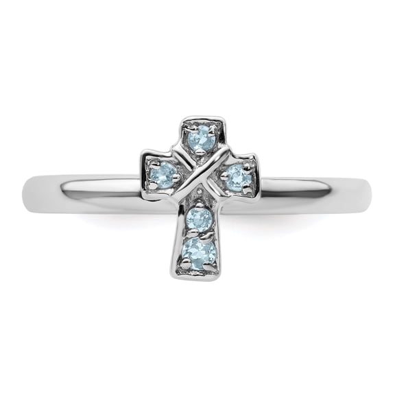 Fine Color Jewels Aquamarine Dainty Cross Ring Sterling Silver Stackable Style for Women