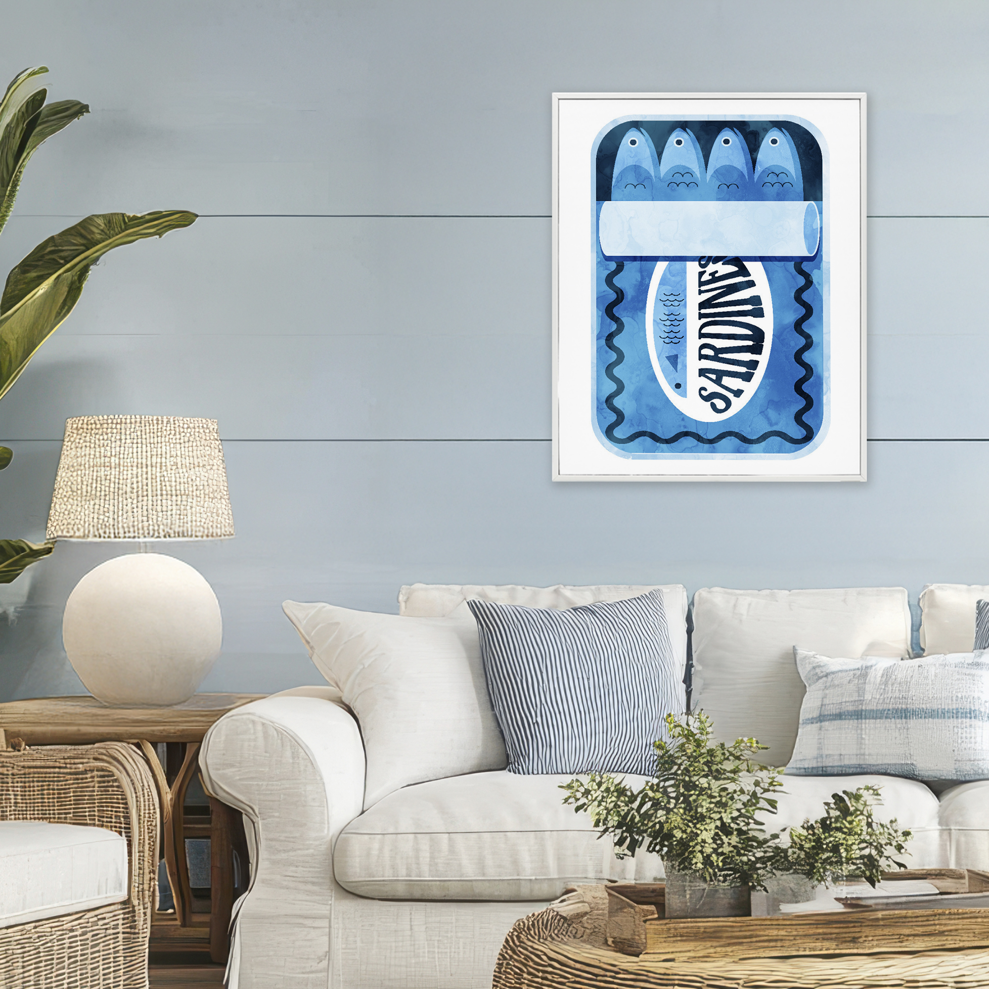 Retro Blue Sardine Tin White Framed Giclee Art, design by Daphne Polselli