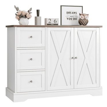 Buffet Cabinet with Storage and Drawers, Farmhouse Kitchen Cabinet with 2 Doors for Dining Living Room, White