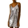 thumbnail image 1 of INSPIRE CHIC Robe Courte de Fête à Paillettes Scintillantes d'Halloween pour Femme, Col en V, Bretelles Spaghetti, Clubwear, Argent Moyen (avec des Roses), 1 of 4