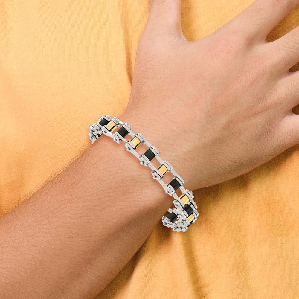 Diamond2Deal Stainless Steel Polished Yellow IP-Plated with Black Rubber Bracelet for Men 8.75"