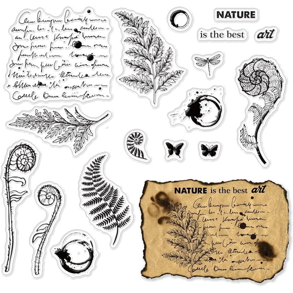 Fern Plants Leaves Clear Rubber Stamps Butterfly Dragonfly Nature Vinatge Transparent Silicone Stamp for Scrapbooking Journal Birthday Photo Album Mixed Color 4.3 x 6.3Inch DIY