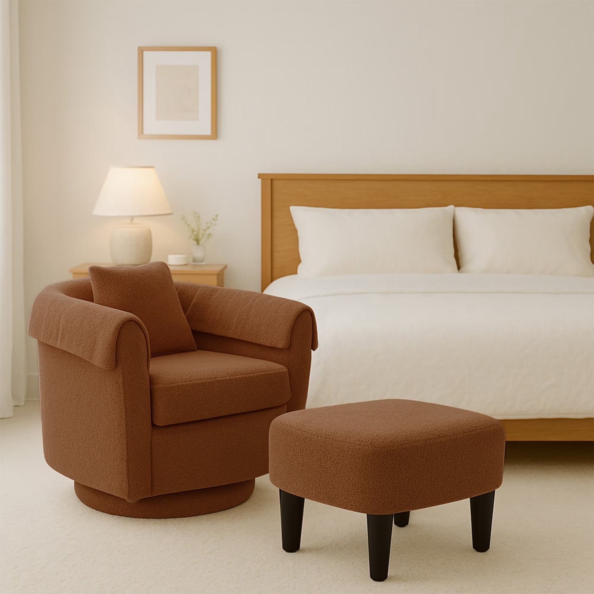 Avobird Living Room Chair With Ottoman Set, Chenille Barrel Armchair with Removable Back Pillow & 2 Armrest Covers, Brown