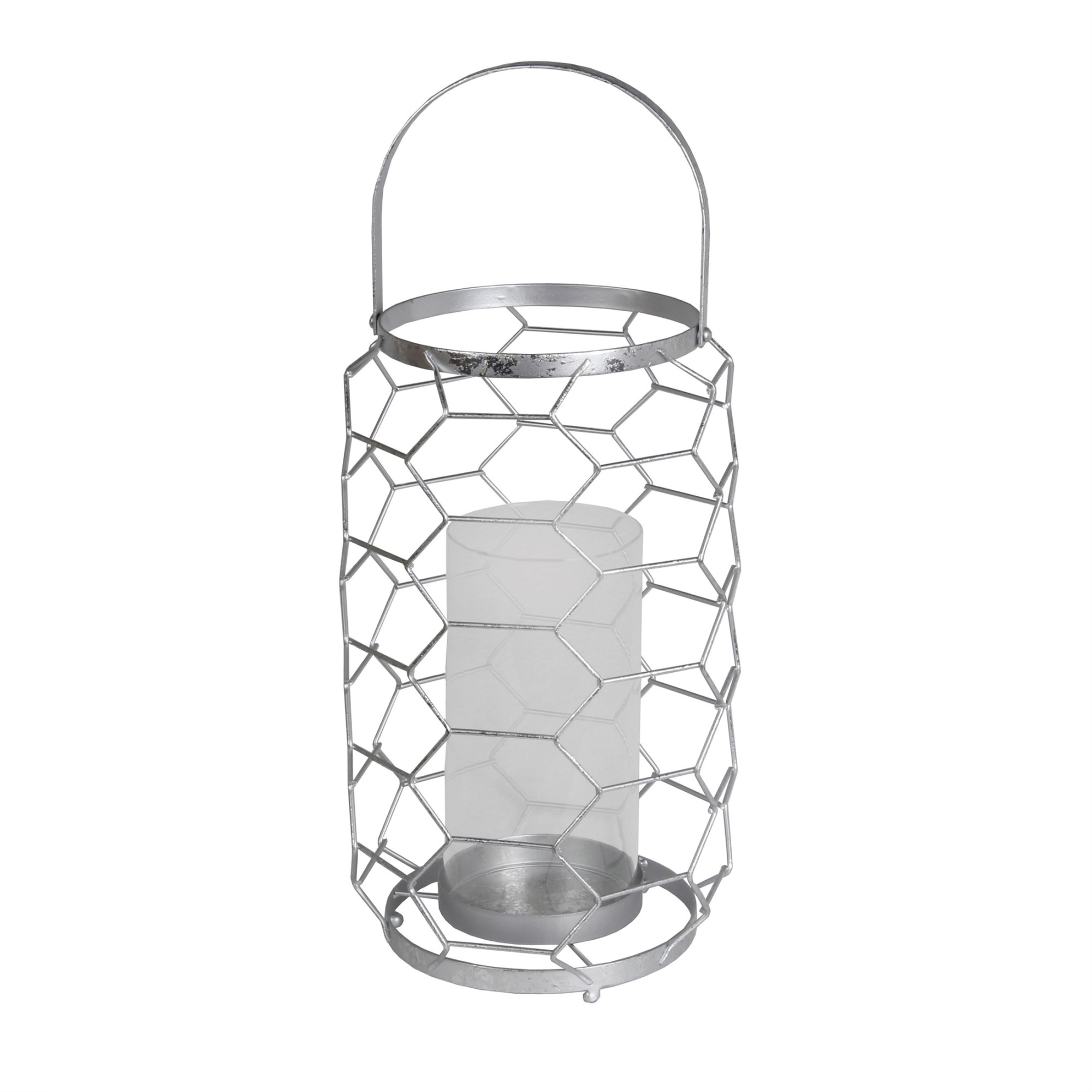 Geometric Metal Wire Candle Holder with Glass Hurricane, Large, Silver