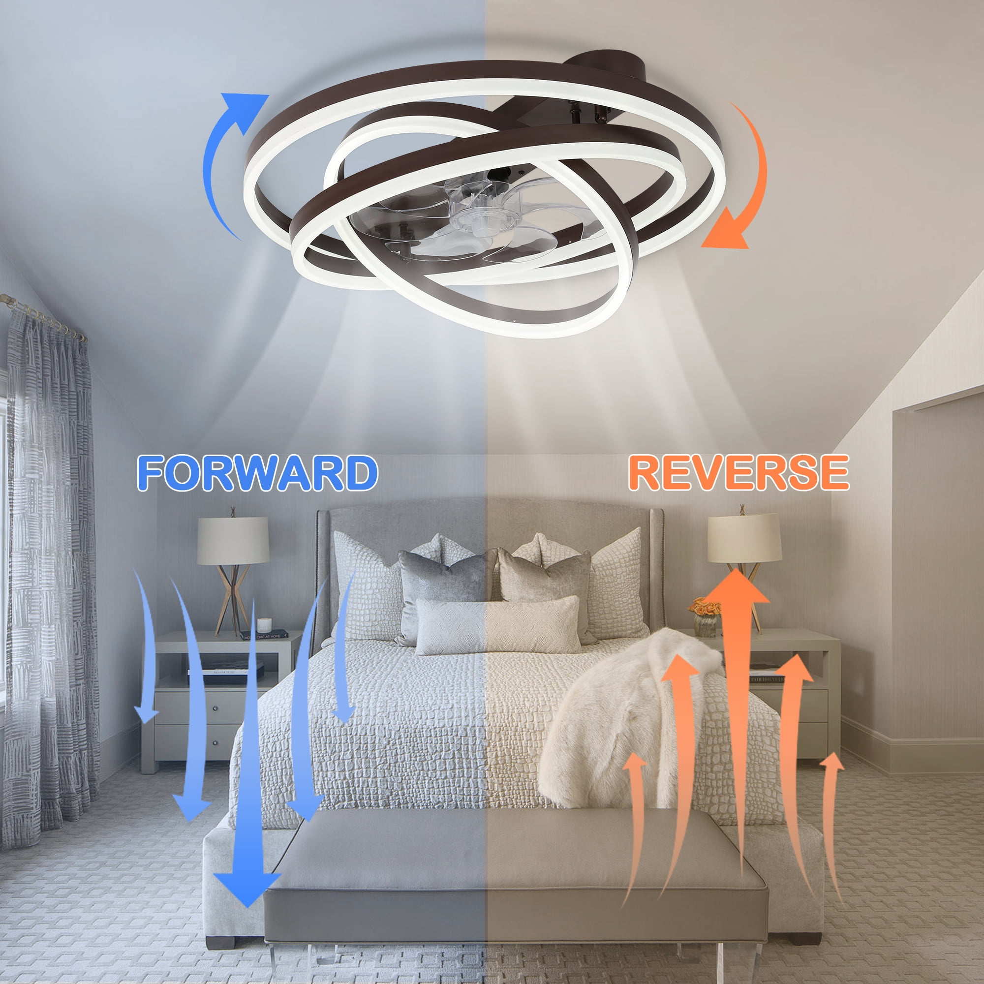 24Inch Modern Coffee Indoor Reversible Ceiling Fan with Dimmable LED Light, 6-Speed DIY Shape Ceiling Fan with Remote and APP Control