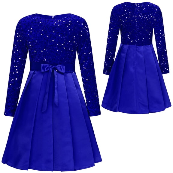 iiniim Girls Glittery Sequin Party Gown Round Collar Long Sleeve High Waist Belted Pleated Dress Blue 6