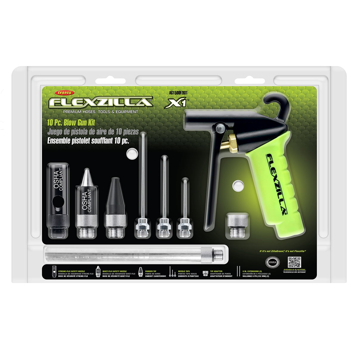 Flexzilla™ X1™ Blow Gun Kit, 10-Piece, ZillaGreen®