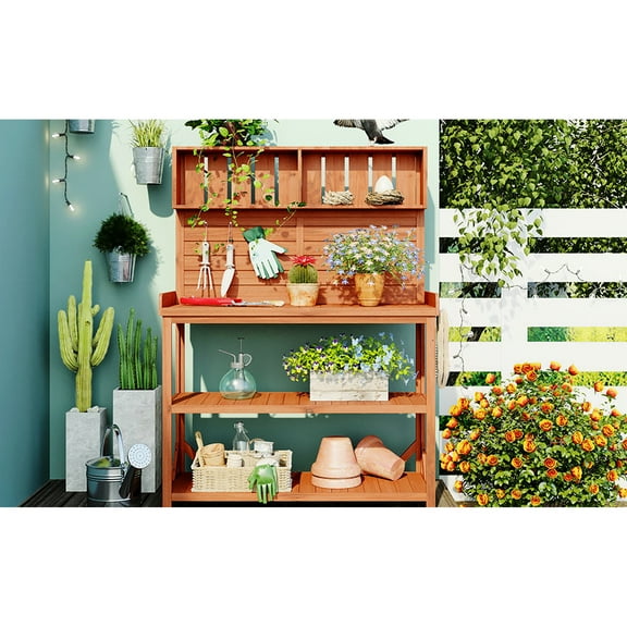65" Rustic Wooden Outdoor Table, Potting Bench With 4 Storage Shelves And Side Hook, Natural Garden Bench, For Happiness