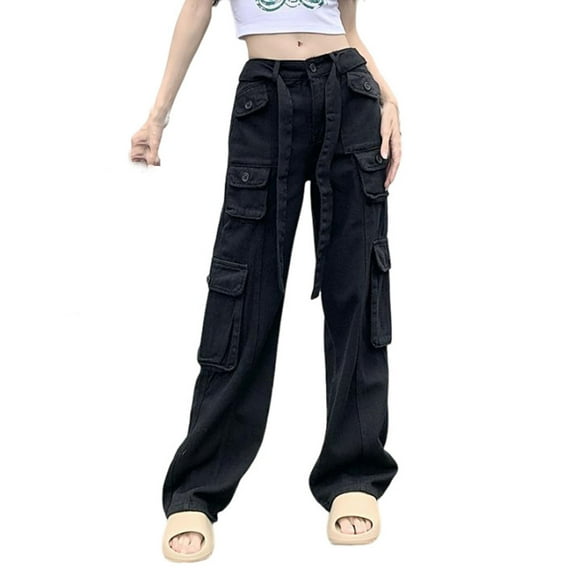 Evotelvi Solid Color Casual Pocket Workwear Pants Loose Pants Cargo Pants women Black L